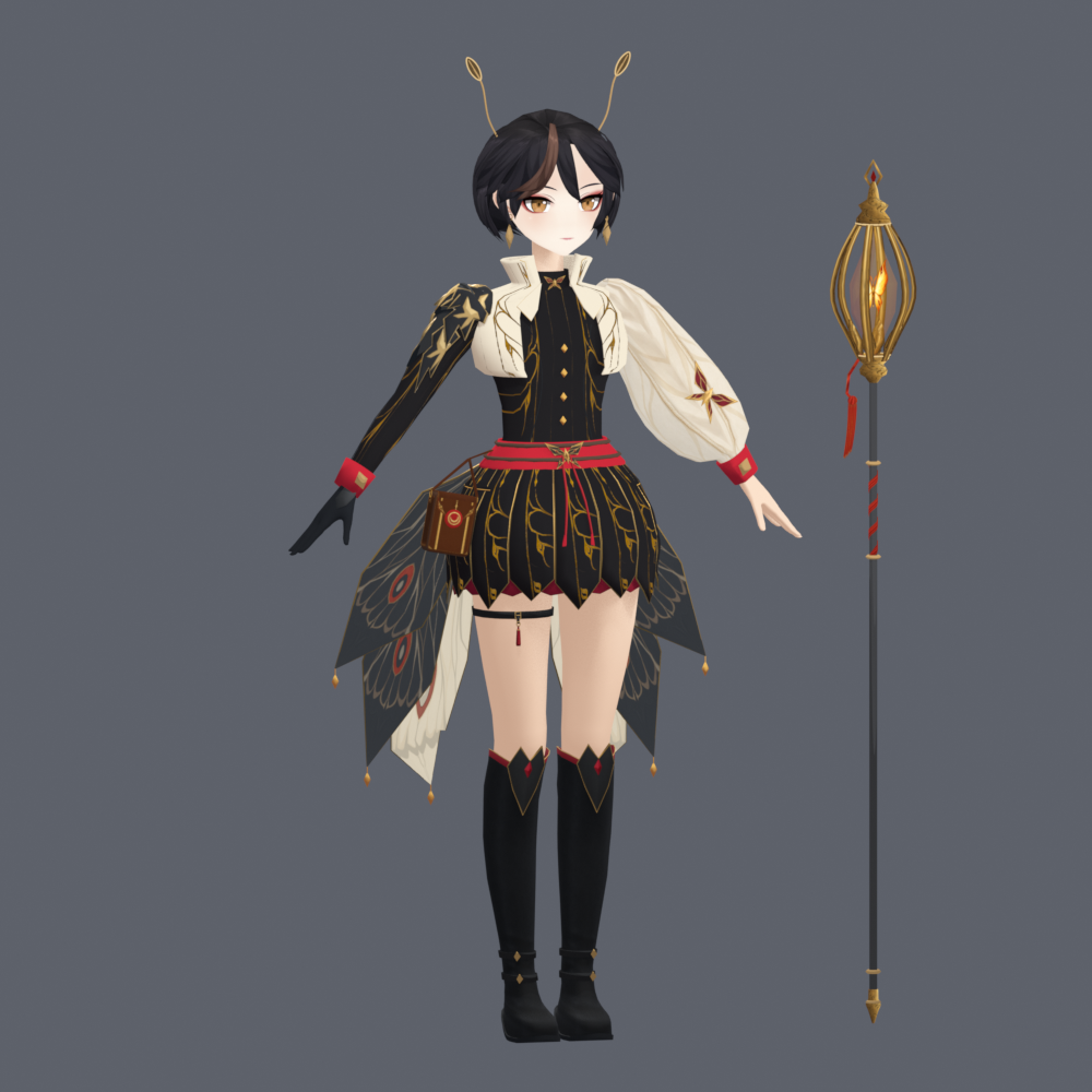 A 3D character in Blender: a short-haired figure with gold antennae, a black and cream doublet with gold embroidery, a moth-wing skirt in black and red, tall black boots, holding a gold lantern staff.